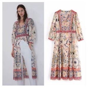 Zara Cream Multi-Color Printed Long Blouse Maxi
